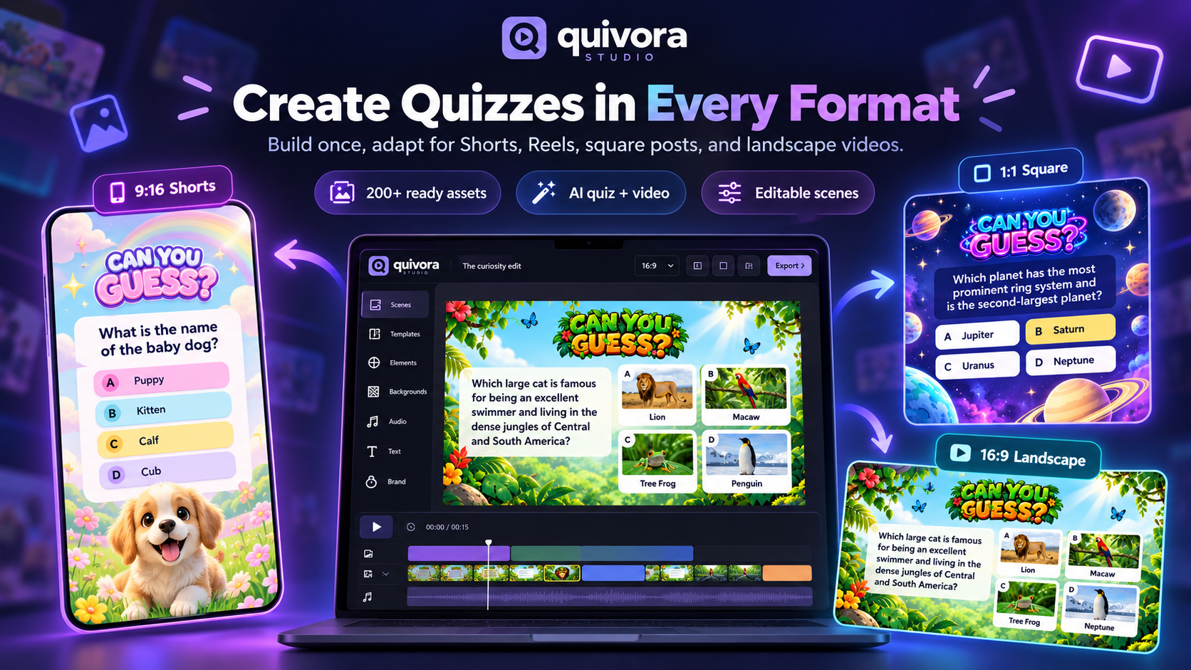 Quivora Studio homepage hero showing multi-format quiz creation