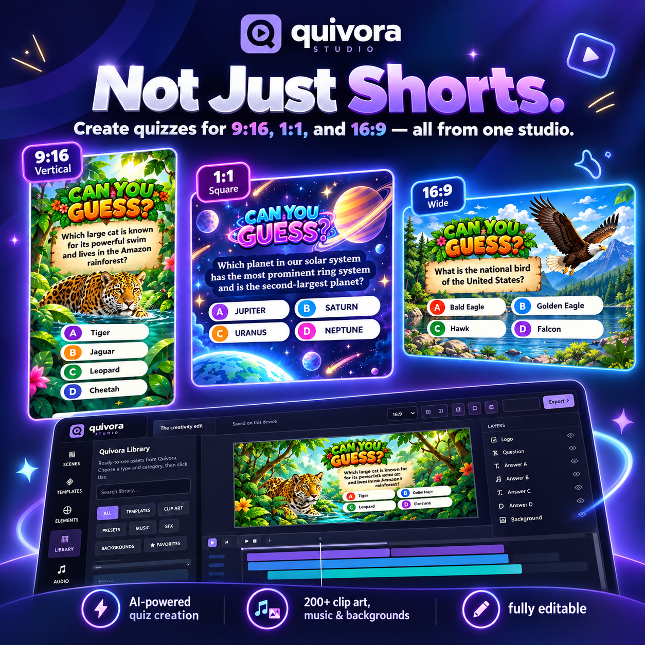 Quivora Studio promotional showcase for multi-format quiz content