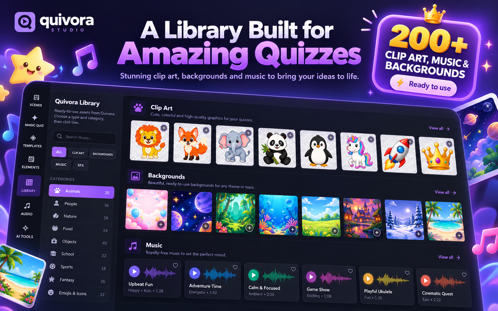 Quivora built-in library assets showcase